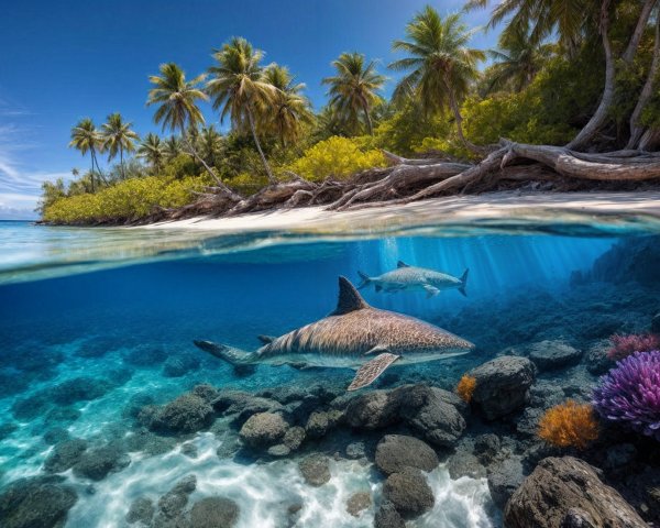 Vibrant Ocean Scene with Shark and Coral Reef