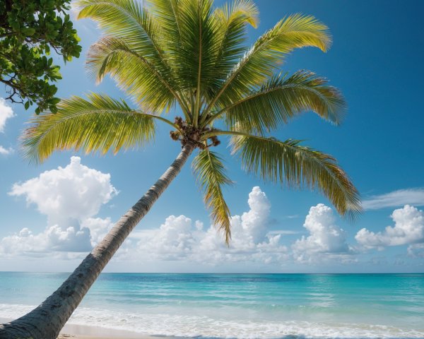 Tropical Beach Scene with Palm Tree and Ocean Waves