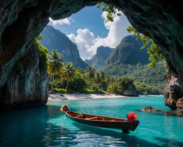 Tropical Cave View with Turquoise Lagoon and Mountains