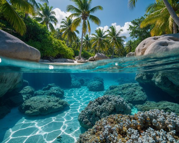 Tropical Underwater Scene with Coral and Palm Trees