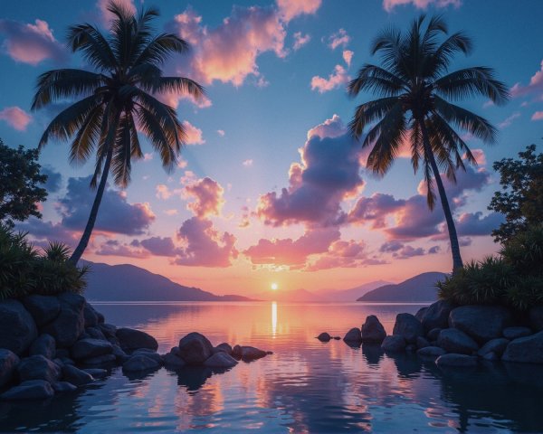 Serene Sunset Over Calm Waters with Silhouetted Palm Trees