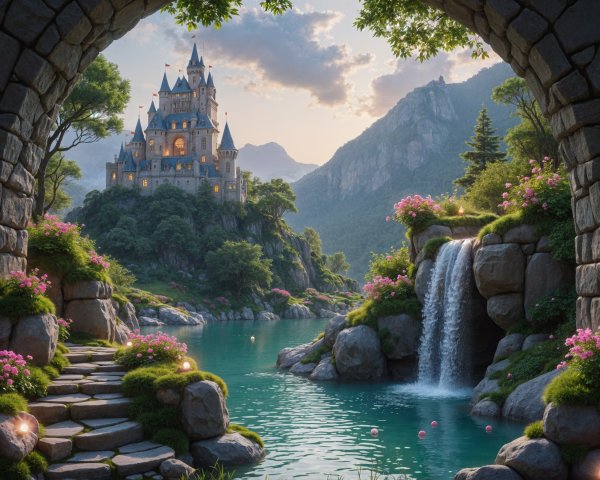 Majestic castle on a hill with serene river and waterfall