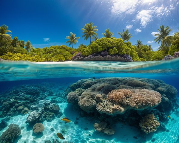 Vibrant Coral Reef and Tropical Landscape Scene