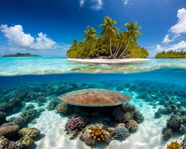Tropical Coral Reef and Island Paradise Scene