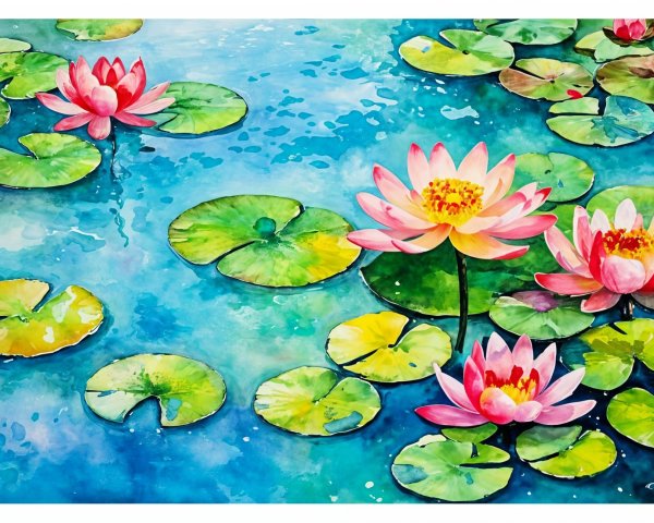 Vibrant Watercolor of Serene Pond with Water Lilies