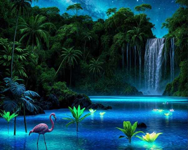 Tropical Landscape with Flamingo Under Starry Sky