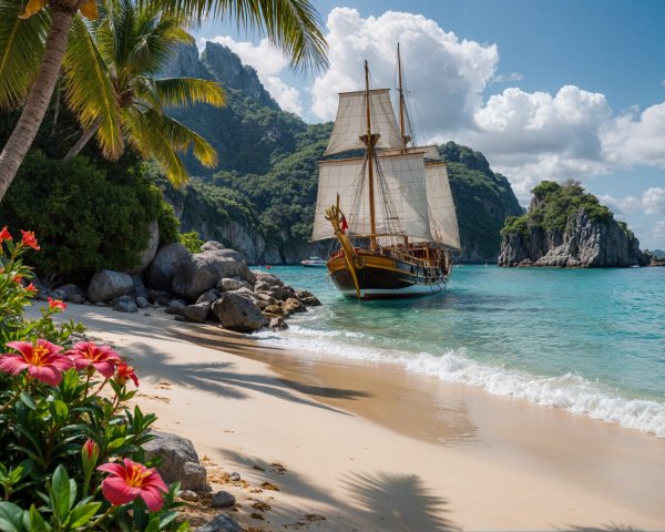 Picturesque Beach Scene with Ship and Tropical Flora