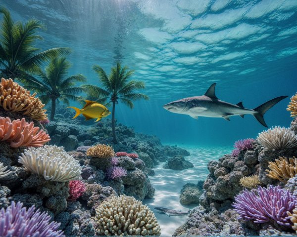 Vibrant Underwater Scene with Coral Reefs and Marine Life