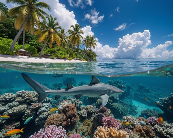 Vibrant Ocean Scene with Shark and Coral Reef
