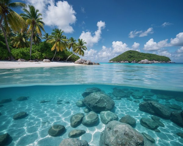 Tranquil Tropical Beach with Turquoise Waters and Palm Trees