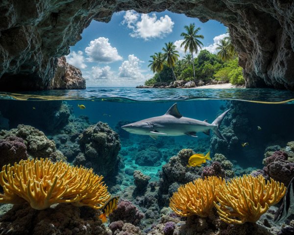 Underwater Coral Reef Scene with Shark and Beach View