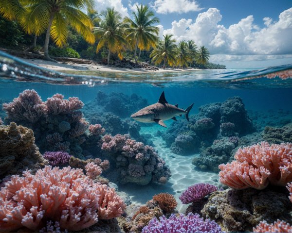 Vibrant Underwater Scene with Coral Reefs and Shark