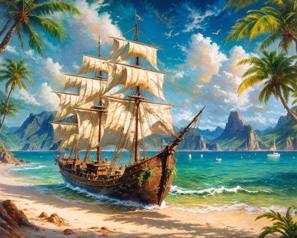 Majestic Sailing Ship Anchored by Tropical Beach
