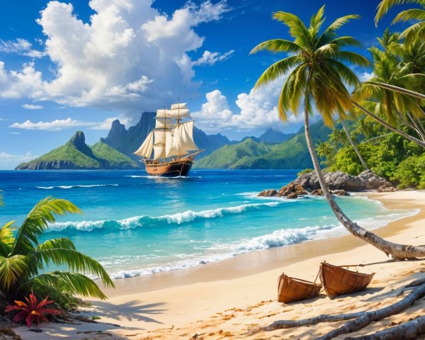 Tropical Beach Scene with Boats and Mountains