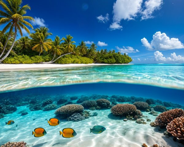 Vibrant Tropical Beach with Coral Reefs and Palm Trees