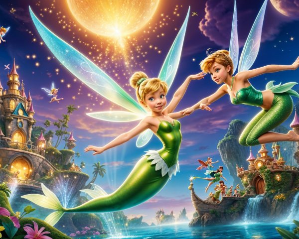Fairies in Enchanted Landscape with Castle and Waterfalls