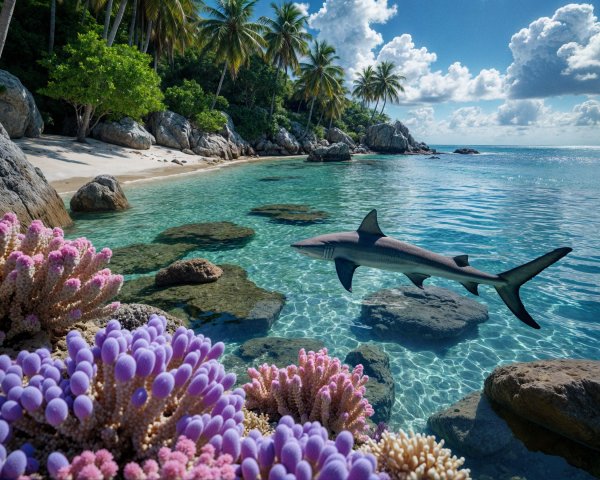 Tropical Beach with Turquoise Waters and Coral Reefs