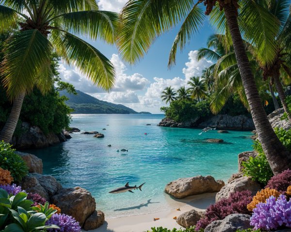 Tropical Beach with Shark and Dolphins in Sunlight