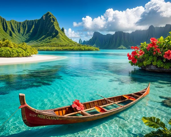 Tropical Lagoon with Mountains and Colorful Boat