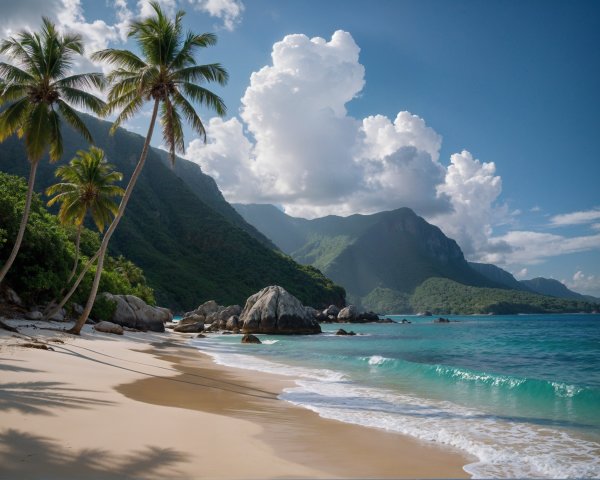 Tropical Beach Scene with Golden Sand and Mountains