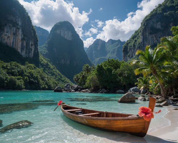 Tropical Landscape with Boat and Hibiscus Flowers