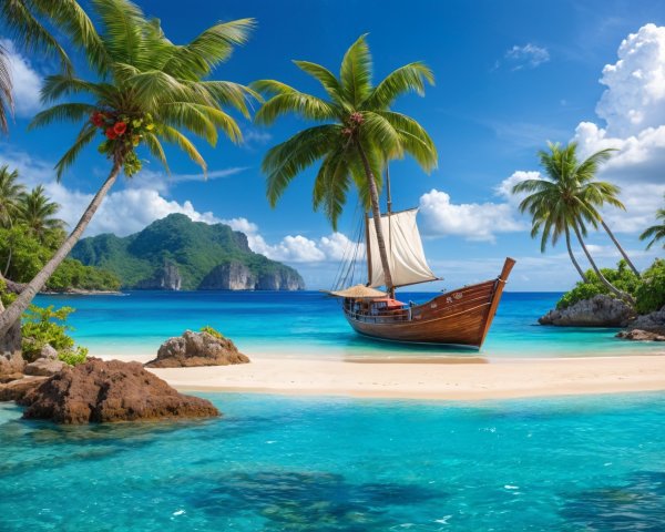 Tropical Beach with Anchored Sailing Boat and Palm Trees