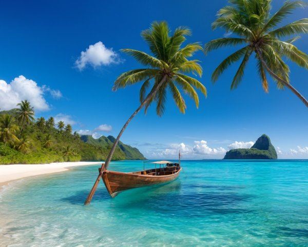 Tropical Beach Scene with Boat and Palm Trees