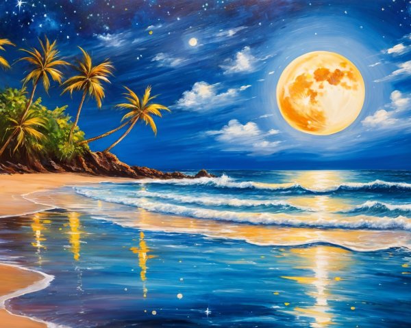 Night Beach Scene with Full Moon and Palm Trees