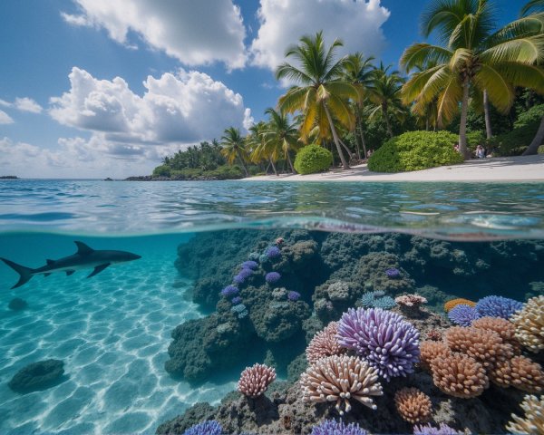 Tropical Beach with Coral Reefs and Marine Life