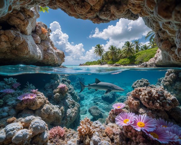 Underwater Coral Scene with Fish and Shark