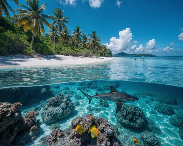 Tropical Beach Scene with Shark and Coral Life