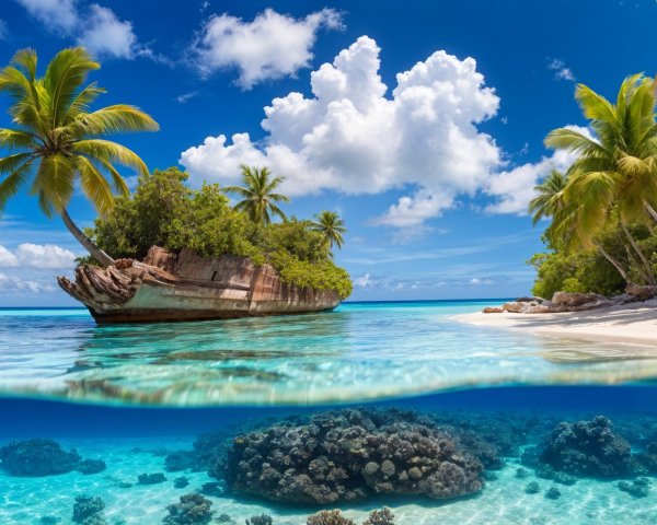 Tropical Beach Scene with Shipwreck and Coral Reef