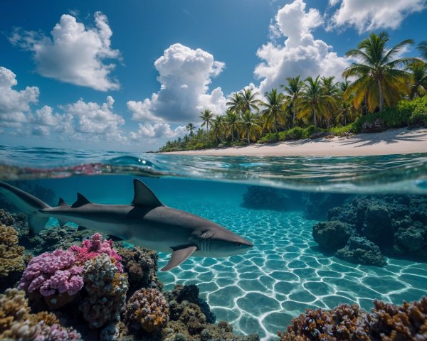 Underwater Scene with Shark and Coral Reefs