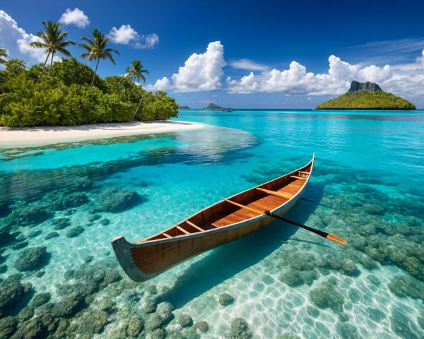 Tropical Landscape with Canoe and Coral Reef