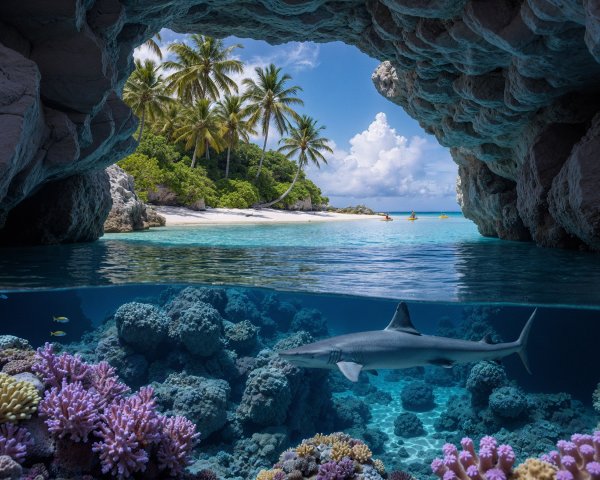 Turquoise Waters and Coral Reefs in a Rocky Cave