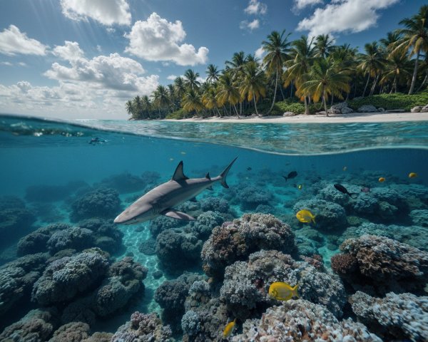 Underwater Scene with Shark and Coral Reefs