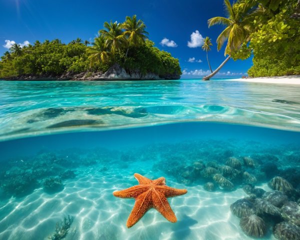 Tropical Lagoon with Starfish and Lush Islands
