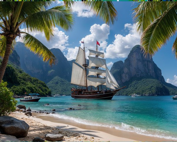 Tall Ship Sailing in Tropical Paradise Landscape