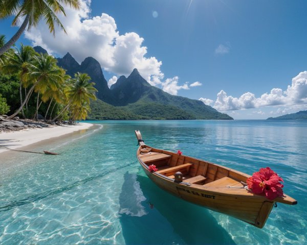Tropical Landscape with Boat and Lush Palm Trees
