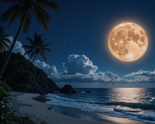 Serene beach scene under a full moon at night