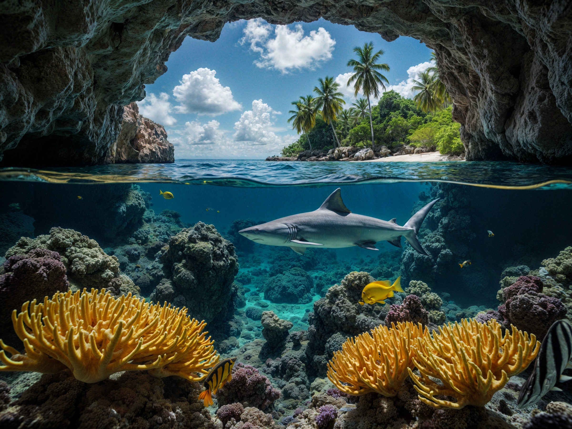Underwater Coral Reef Scene with Shark and Beach View