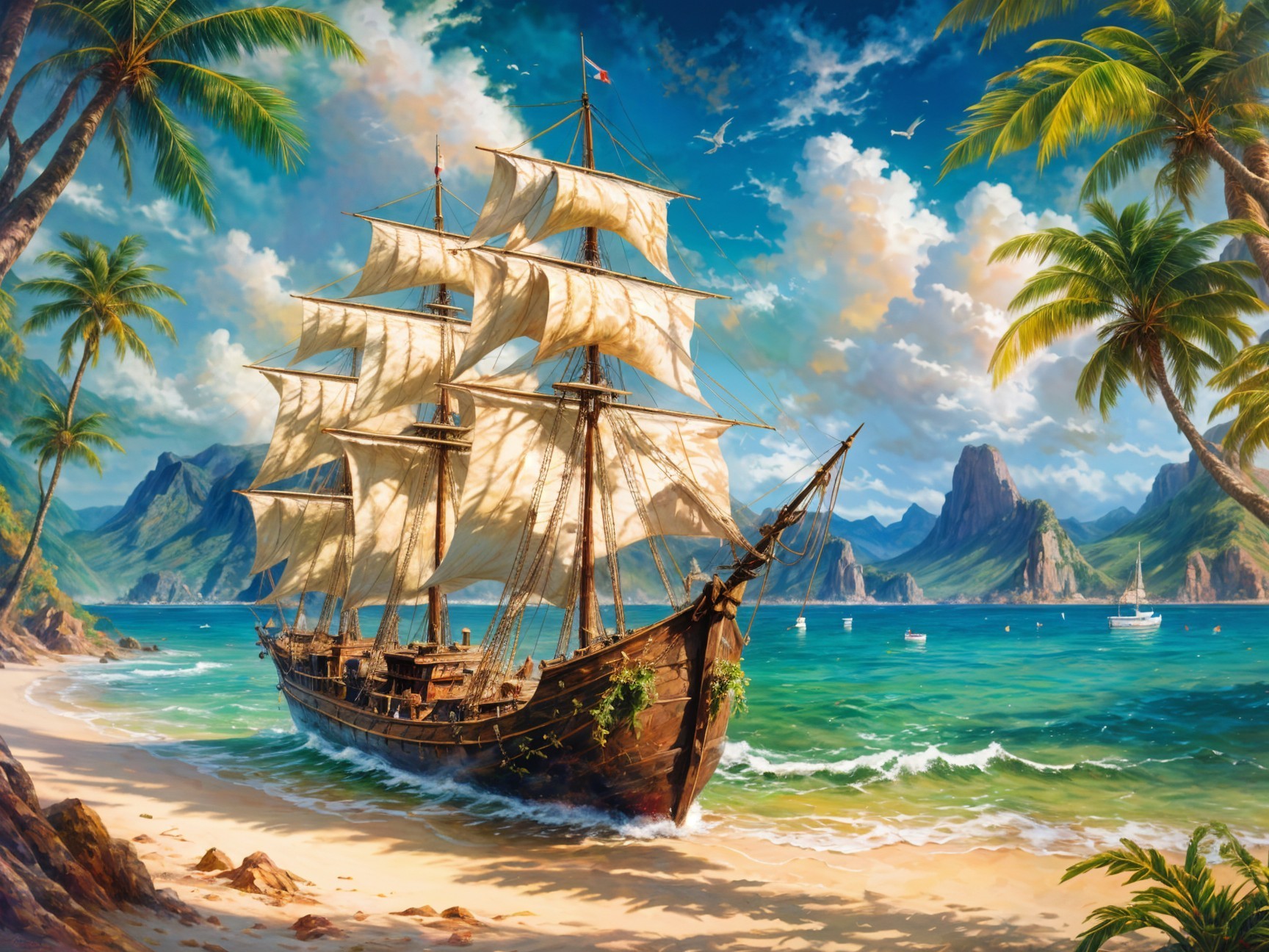 Majestic Sailing Ship Anchored by Tropical Beach