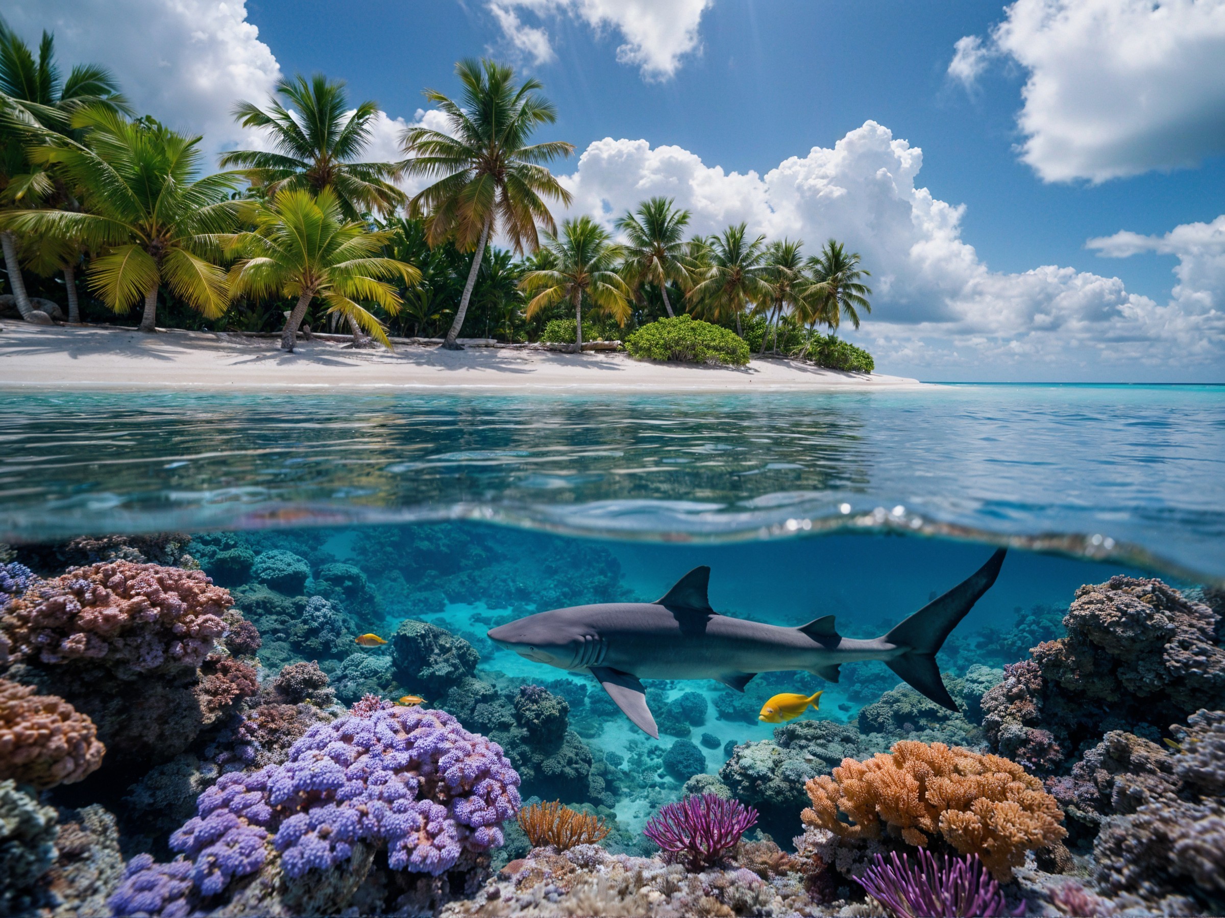Tropical Lagoon with Coral Reefs and Palm Trees
