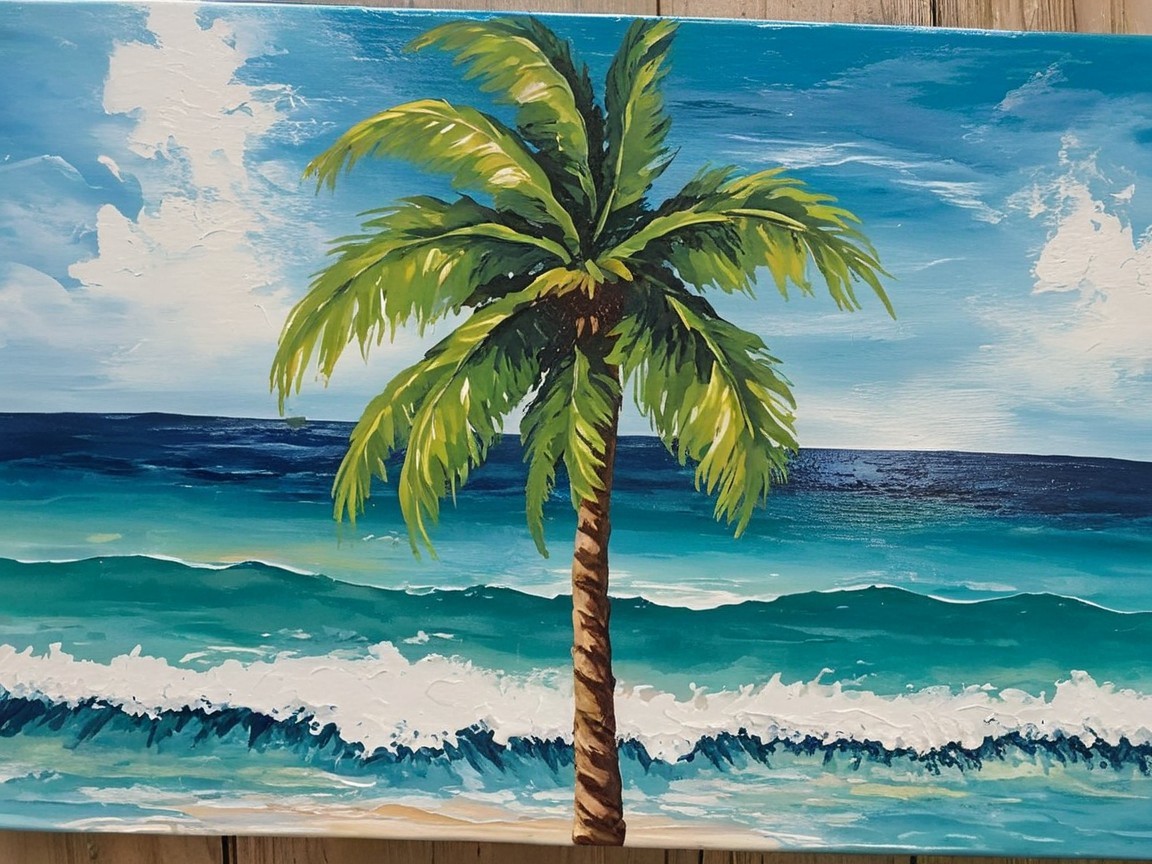 Vibrant Painting of Palm Tree and Tranquil Sea