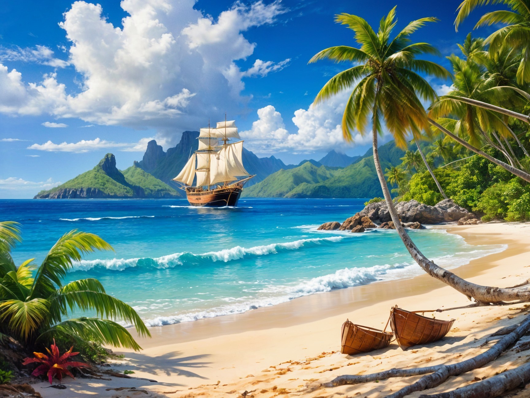 Tropical Beach Scene with Boats and Mountains