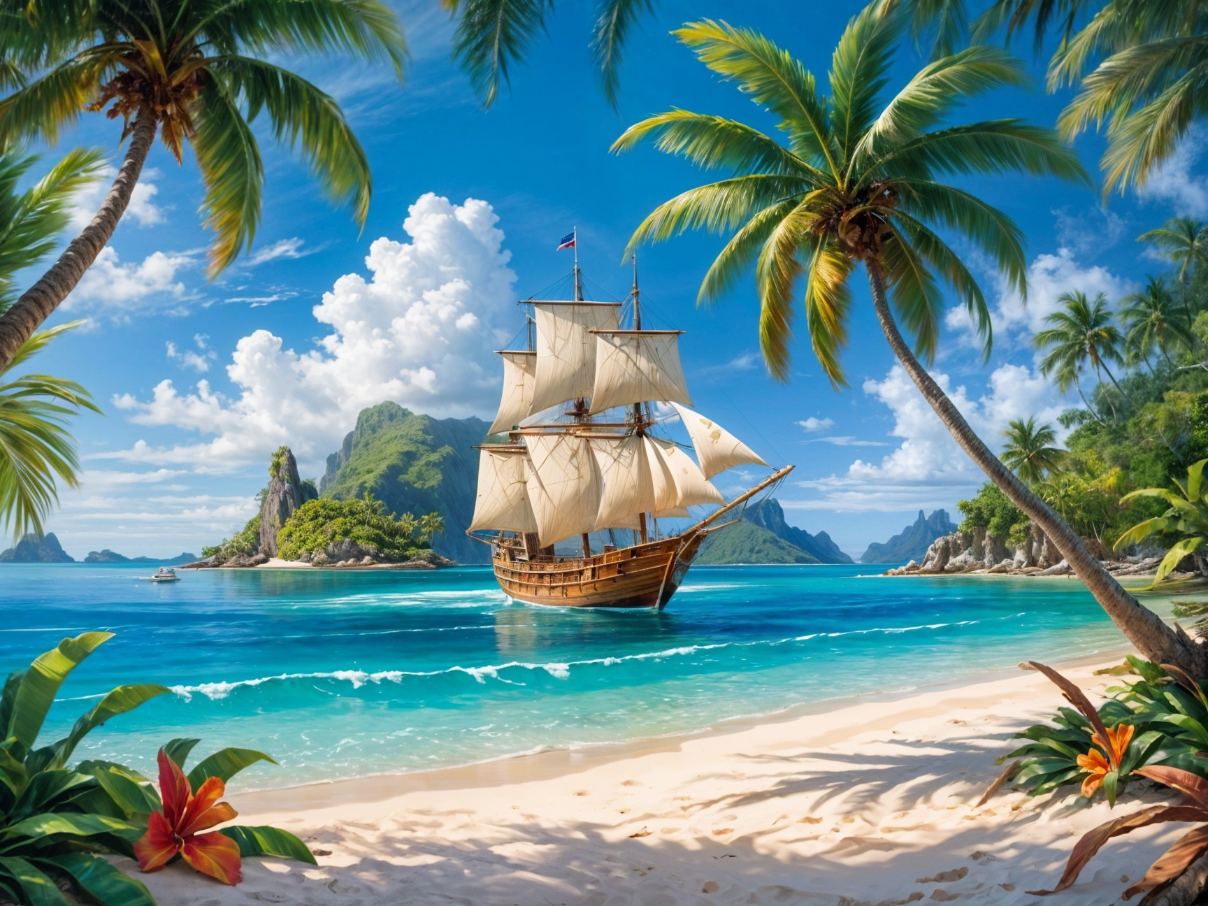 Tropical Scene with Ship, Islands, and Blue Sky