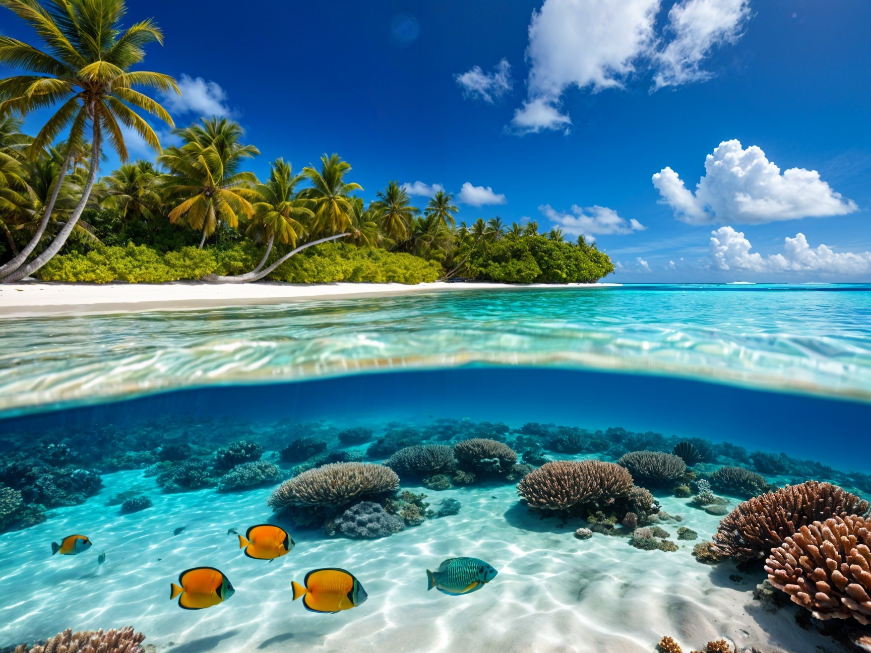 Vibrant Tropical Beach with Coral Reefs and Palm Trees