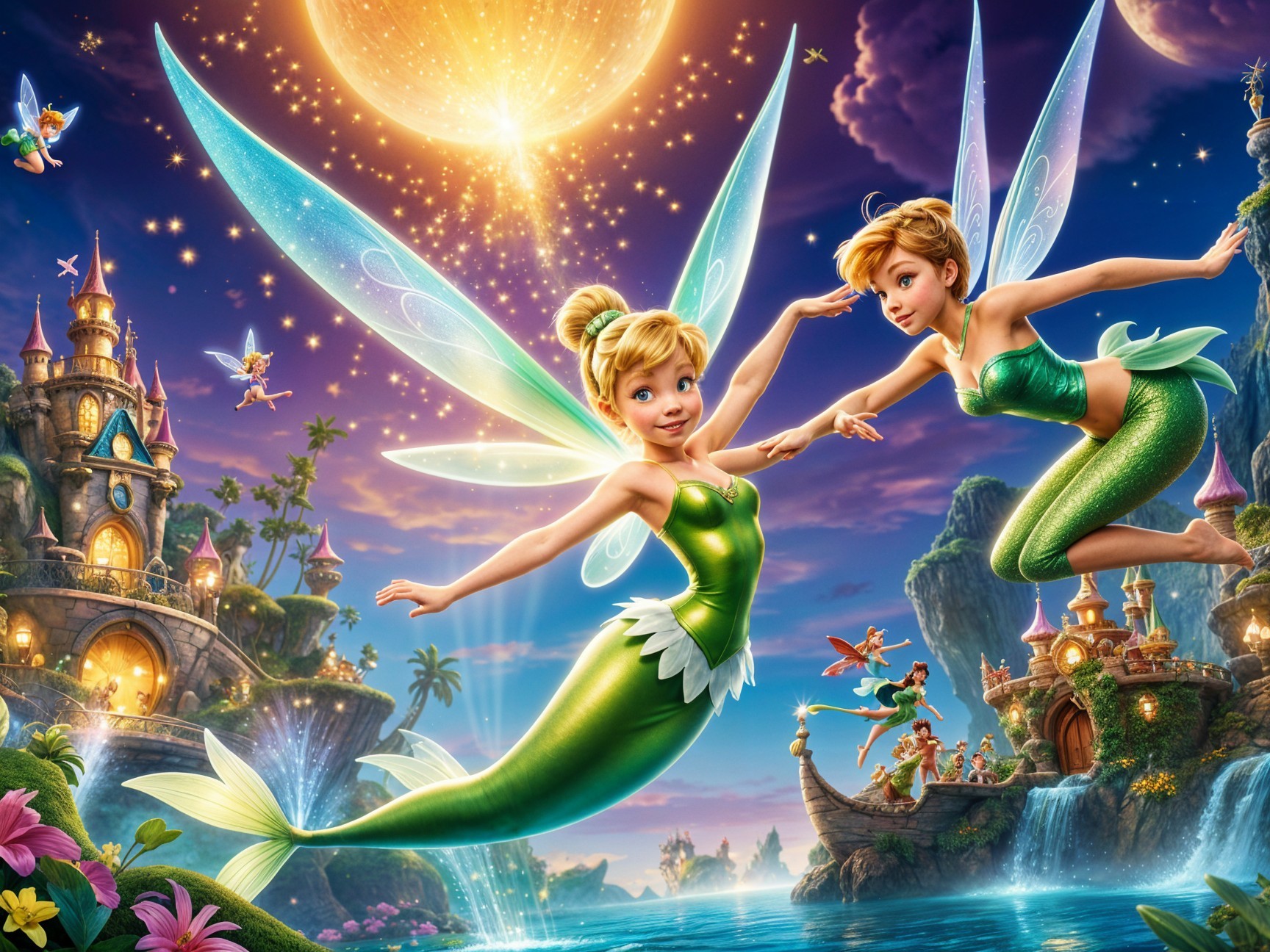 Fairies in Enchanted Landscape with Castle and Waterfalls