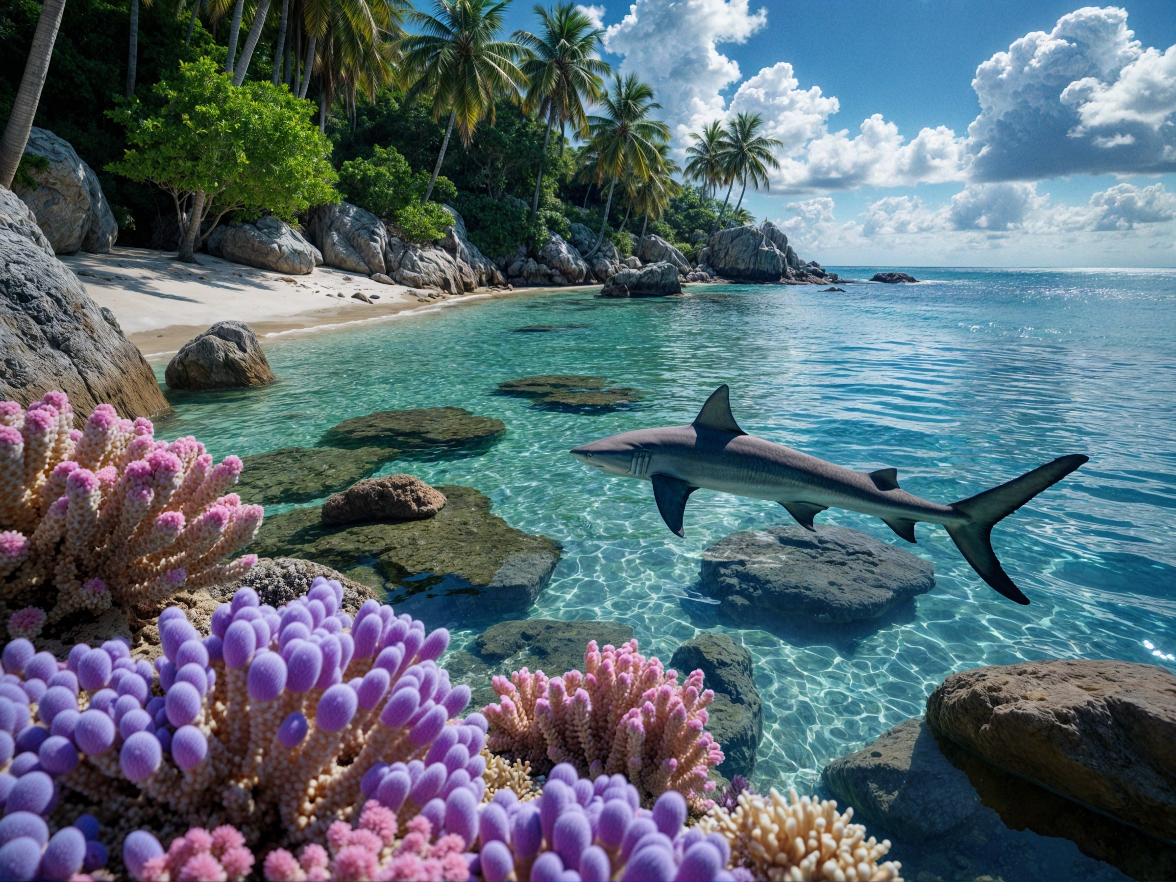 Tropical Beach with Turquoise Waters and Coral Reefs