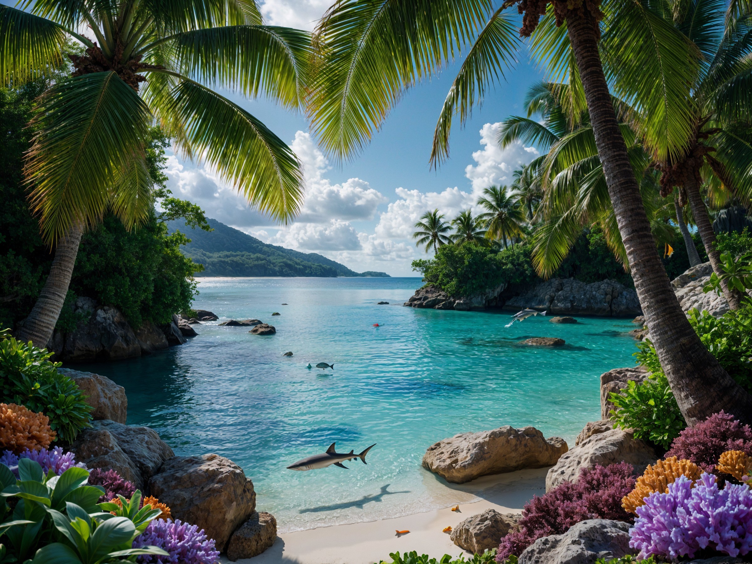 Tropical Beach with Shark and Dolphins in Sunlight